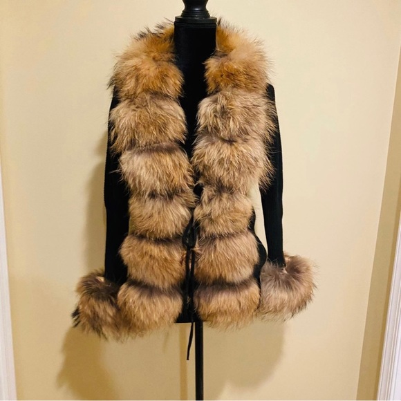 Real raccoon fur cardigan genuine fur collar trench coat parka jacket wool blaze - Picture 12 of 16